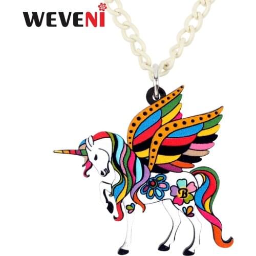 WEVENI Acrylic Holy Fairy Unicorn Flying Horse Necklace Pendant Chain Collar Trendy Anime Jewelry For Women Girls Party Gifts