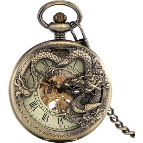 Antique Bronze Dragon Half Hunter Manual Mechanical Watch Vintage Roman Numerals Transparent Skeleton Hand Winding Pocket Watch