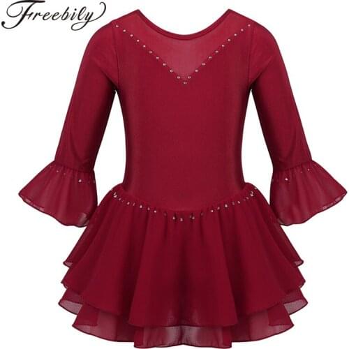 Kids Shiny Flare Sleeves Splice Rhinestone Figure Ice Skating Roller Skating Dress Girl Ballet Gymnastics Leotard Dance Costumes