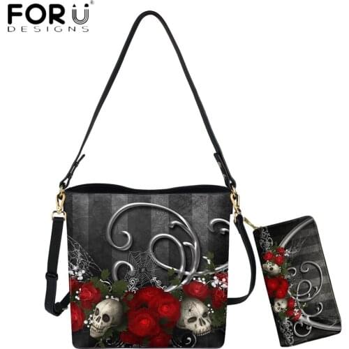 FORUDESIGNS Fashion PU Leather Women Bucket Bag 2pcs Set Sugar Skull With Rose Print Large Capacity Shoulder Sac Female Purse