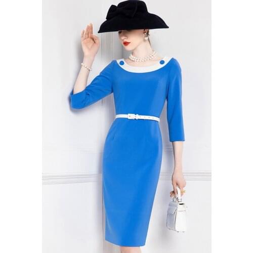 High End Retro Dress Early Spring 2021 New Womens Fashion Celebrity Slim Fitting 3 / 4 Sleeve Round Neck