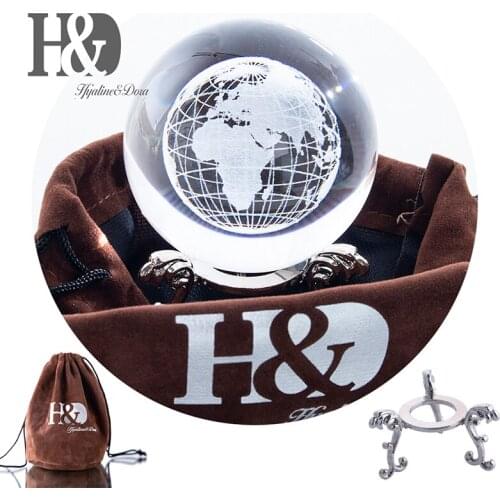 H&D 60mm Healing Ball 3D Laser Engraved Globe Glass Ball Crystal Miniatures Sphere Home Decoration Accessories with Stand