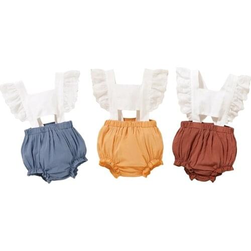 0-18M Newborn Baby Kids Bodysuits Girl 2pcs Romper Ruffles Short Sleeve Patchwork Jumpsuits Headband Summer Clothes