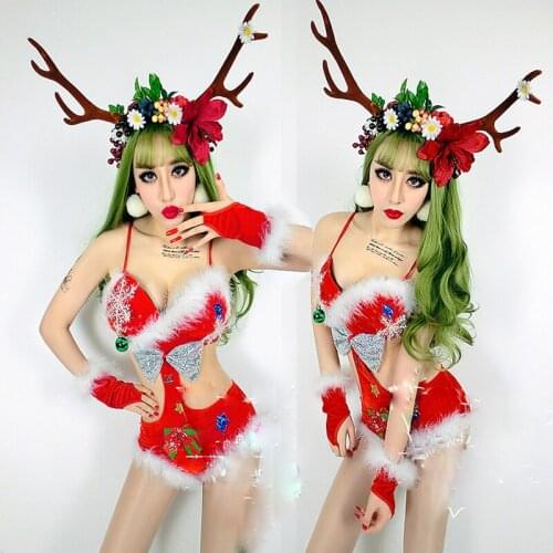 Jazz Dance Costumes Christmas Red Jumpsuit Festival Wear Nightclub Sexy Women Bodysuit Singer Bar Pole Dance Clothing DNV10016