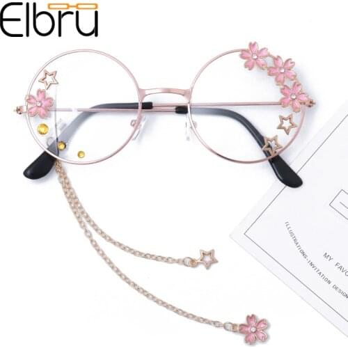 Cute Sakura Pendant Optical Glasses Frame Women Girls Round Retro Eyeglasses Decor Eyewear Glass