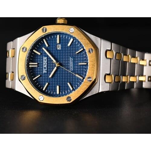 PLADEN Gold and Silver Blue Face Mens Wrist Watch Golden Sapphire Mirror European Saati Dive Partner Birthday Marcas Famosas