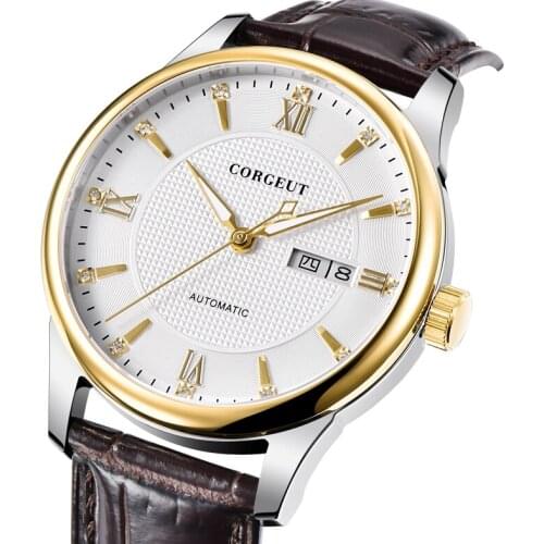 Corgeut 40mm Mens Watch Sapphire Leather White Dial Steel Case Gold Watches Miyota Automatic mechanical Top Luxury Watch