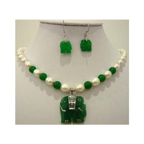 Freshwater White pearl green natural jade elephant pendant necklace earring set