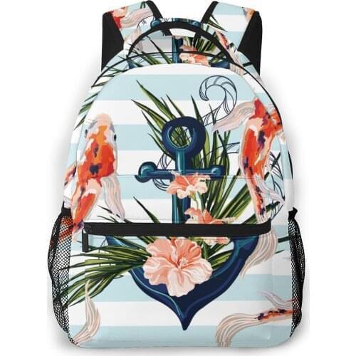 OLN Teenagers Boy Backpack Tropical Koi Fish Anchor Hibiscus Palm Leaves Casual Laptop Backpack Student School Bag Backpack