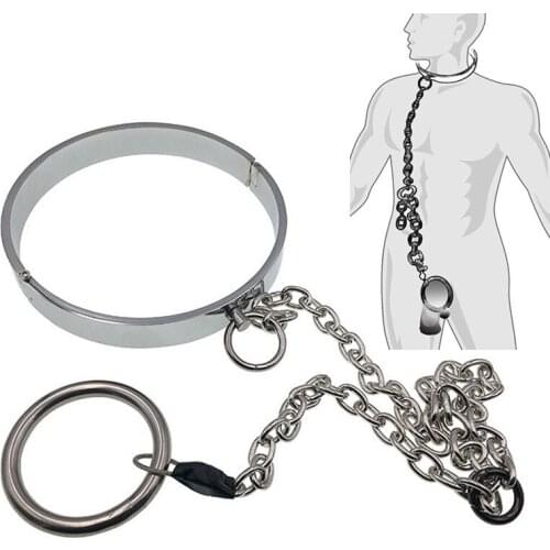 Metal Alloy Neck Collar Chain With Penis Ring BDSM Bondage Adult Games Slave Collar Cock Ring Sex Toys For Men Restraints Tools