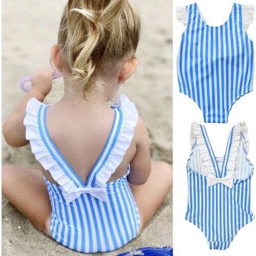 Lovely Toddler Kids Baby Girl Bikini Blue Striped Print One Piece Bathing Suit Swimwear Swimsuit Beachwear 6M-5Y детский купальн