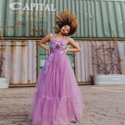 Simple Classic Violet Women Dress Elastic Applique Ribbon Trim Floor Length Dress Strap Tulle A-line Dresses