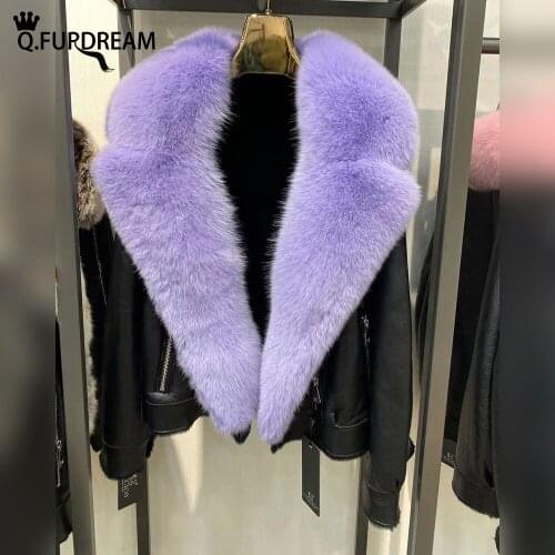 Q.FURDREAM Customizable Winter Trendy Elegance Real Fur Coat Woman Full Sleeves Fox Fur Lapel Warm Fashion Leather Jacket