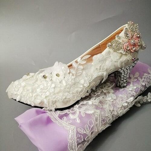 Luxury lace crystal white wedding shoes bridal handmade plus size butterfly rhinestones full lace brides bridal pumps shoe