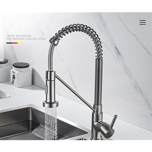 Kitchen Sink Faucet Deck Mounted Solid Brass Single Handle Pull Down Stream Sprayer Nozzle Spring Spout Mixer Tap Two Water Mode