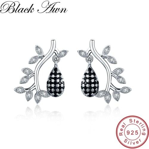 SODROV 2020 New Trendy 925 Sterling Silver Jewelry Black Spinel Engagement Stud Earrings for Women Flower Bijoux I012