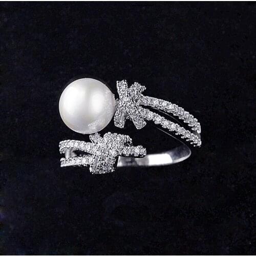 Top Quality New Fashion Knotted Knot Mosaic AAA Zircon Crystal Pearl Ring Silver Color Resizable for Women Luxury Jewelry