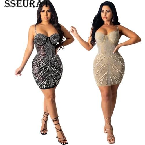 SSEURAT Mini Dress Women Diamonds Sleeveless Spaghetti Strap Sheath Dresses Sexy Night Party Elegant Dress Female