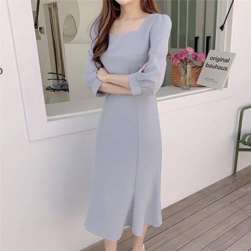 Temperament Korean Autumn Fashion Slim Long Sleeve Square Collar Mermaid Dress Women Lace Up Waist Robe Vestidos Wild Elegant