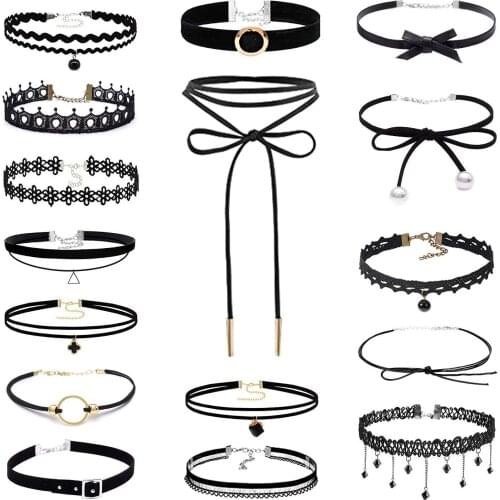 2021 Fashion Women Black Lolita Choker Necklace With Pendant Layered Gothic Bondage Collar Necklace Sexy Jewelry Accessories Set