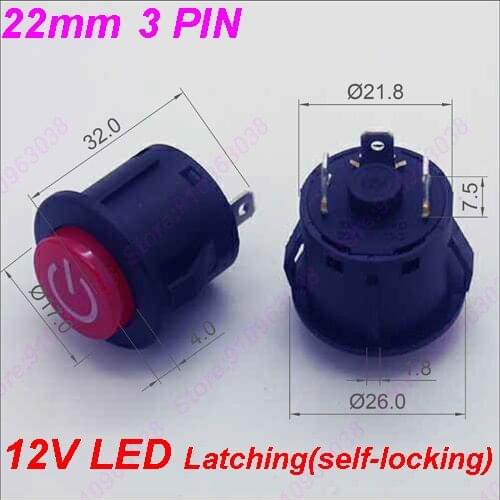 100PCS 22MM Power 3PIN Latching/Self locking Glowing Red Plastic Push Button Switch With LED 12V Panel Indication