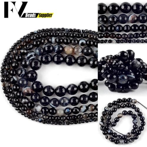 4-12mm Natural Faceted Black Agates Stone Loose Spacer Round Beads For Jewelry Making DIY Bracelets Necklace Needlework 15"