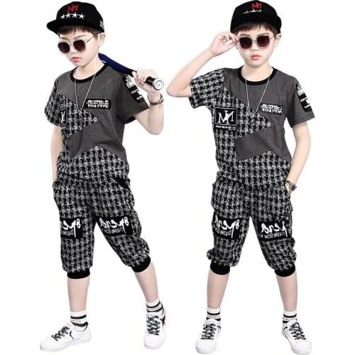 Kid sets Summer Kids Clothes Sets For Boys 4 6 8 10 12 Year Fashion splicing Short Sleeve Tops Pants School Children Sport Suit