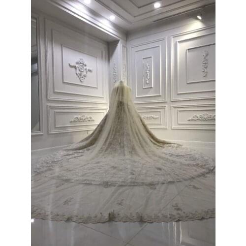Amanda Design Two layers Lace Applique Champagne Luxury Long Veil