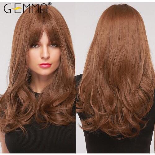 GEMMA Dark Brown Long Deep Wave Wig With Bangs for Women African American Heat Resistant Natural Cosplay Party Synthetic Wigs