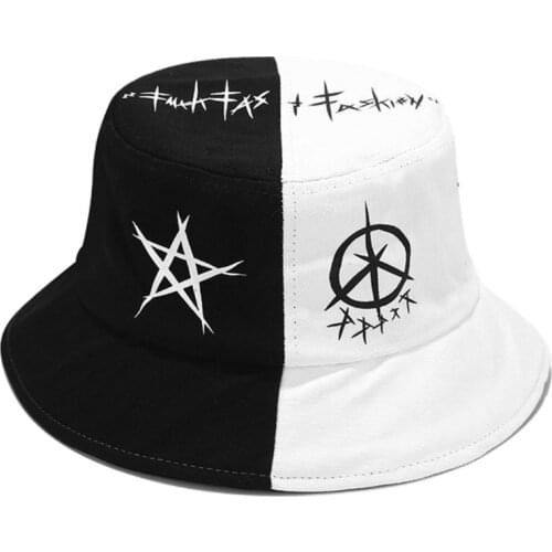 Unisex Black White Color Block Bucket Hat Star Eye Graffiti Print Fisherman Cap F3MD