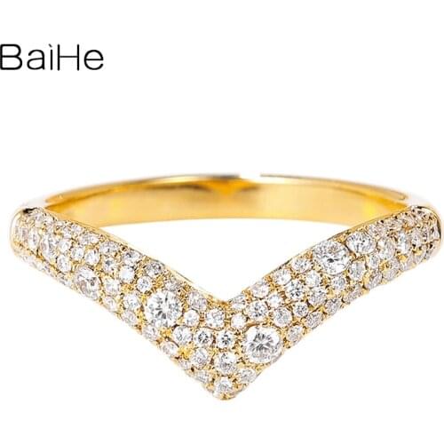 BAIHE Solid 14K Yellow Gold Sparkling Natural Diamond Wedding Band Fine Jewelry Making V Ring Women Match Ring кольца кольцo