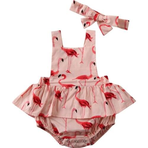 Pudcoco Newborn Baby Girl Clothes Print Jumpsuit Bodysuit Outfit Ruffled Flamingo Sunsuit Baby Summer 2pcs Clothes
