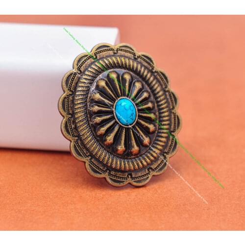 6pc 44*38mm Indian Ethnic Flower Southeast Sky Blue Bead Leather bag Luggage bag Wallet Belt Handbag Oval Concho Screwback