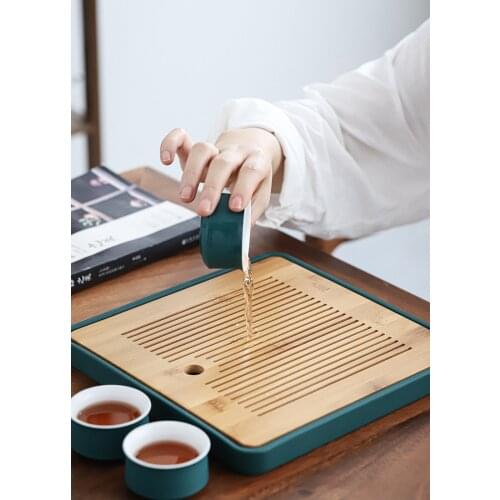 Square Ceramic+Bamboo Tea tray Kung-fu tea set Bamboo tea board Household Ceramic tray water storage Ceramic tray Chinese tray