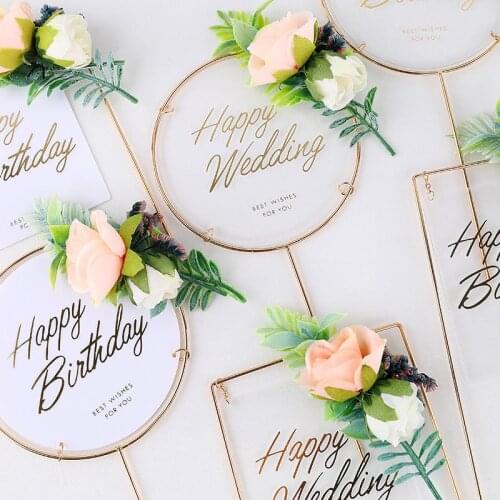 1Pc Metal Wedding Happy Birthday Cake Topper Artificial flowers Merry Christmas Cake Topper DIY Christmas Wedding Birthday Decor