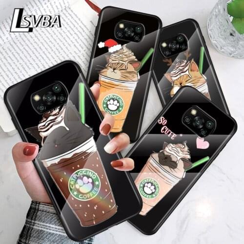 Cute Cat With Coffee For Xiaomi POCO F3 F2 X3 NFC X2 M2 Pro Tempered Glass Hot New Shell Luxury Cover Phone Case