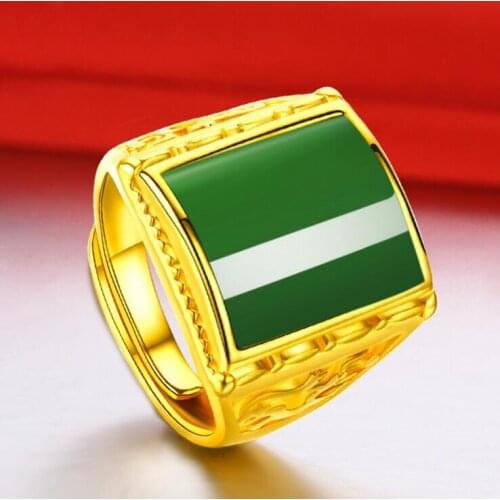 Fashion Simple Sand Gold Mens Ring Brass Yellow Gold Plated Green Black Agate Tile Male Ring Wedding Engagement Fine Jewelry