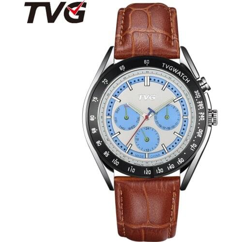 Quartz Watch Men waterproof Leather strap EL Backlight dial Three eyes and six stitches stainless steel case TVG168 male Watch