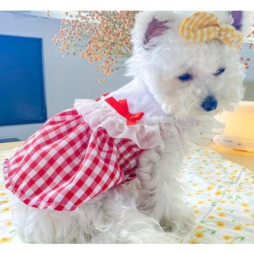 Pet clothing small and medium dog dress spring and summer new bow check princess skirt cat dress sunflower bee skirt