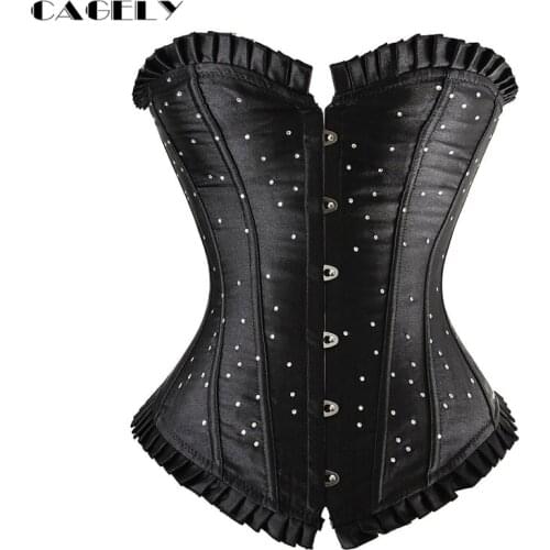 Solid Satin Boned Corset Top with Rhinestones Basic Overbust Basque Retro Corselet Busks Lacing-up Shapewear S-6XL Plus Size