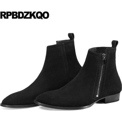 Booties 2018 fur shoes suede genuine leather mens winter boots warm fall pointed toe lined short runway black plus size autumn