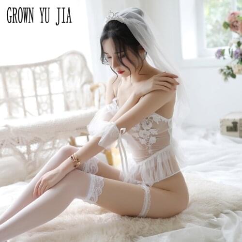 Porno White Bride Wedding Dress Veil Sling Skirt Sexy Thongs Stockings Set Erotic Cosplay Sex Costumes Bride Lingerie Uniforms