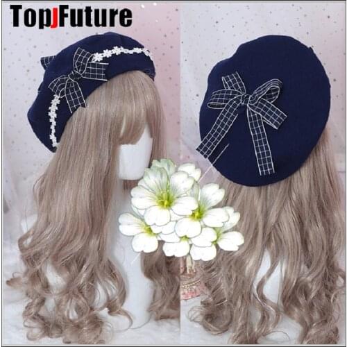 Japanese Kawaii Beret Hat Lolita Teenage heart Sweet Woolen Handmade Cute Lace Bowknot Warm Autumn Winter Painter Hat Headdress
