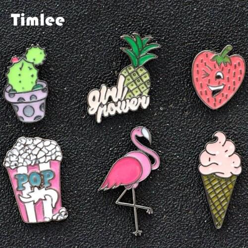 Timlee X120 Cute cartoon Cactus Flamingo Ice Cream Popcorn Strawberry Pineapple Metal Brooch Pins Button Pins Gift Wholesale