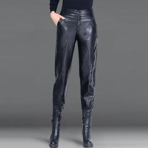 Skinny Imitation Leather Pants Womens Close-fitting Faux Sheepskin Leather Pants OL Show Slim Leggings Pencil PU Pants Of Boots
