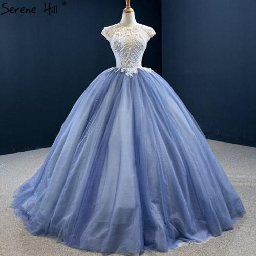 High Quality Bule O-Neck Sleeveless Wedding Dresses 2020 Cap Sleeves Beading Pearls Bride Gowns HM67139 Custom Made