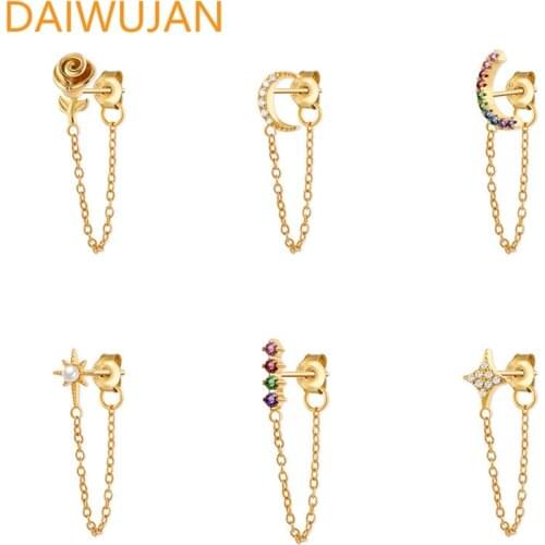 DAIWUJAN 1pc Gold Silver Color Moon/Star/Flower Stud Earrings for Women 925 Sterling Silver Chain Tassel Earrings Fine Jewelry