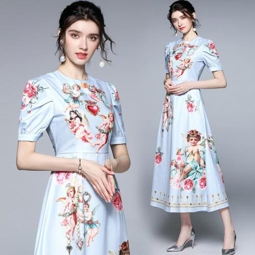 Womens Summer New High-End Positioning Cupid Printed Short Sleeve Long Dress Retro