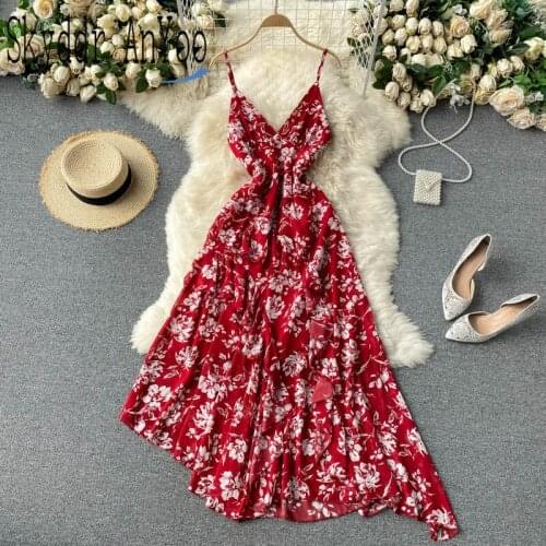 Woemen Summer Dress 2021 Sukienka Spaghetti Strap V-Neck Backess Sexy Long Dresses Printed Irregular Elegant Beach Dress