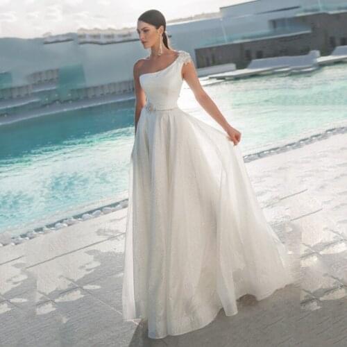 Thinyfull New Arrival Boho One Shoulder Wedding Dresses A Line Court Train Boat Neck Bridal Gown Lace Appliques Vestido De Novia